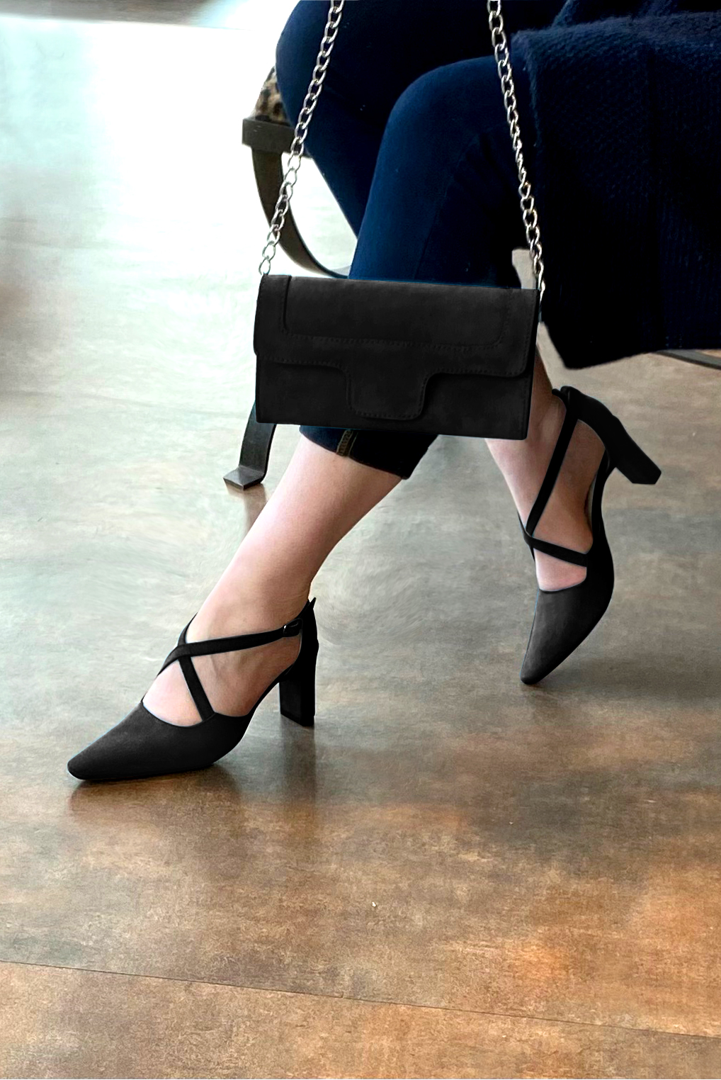 Matt black women's open side shoes, with crossed straps. Tapered toe. High comma heels. Worn view - Florence KOOIJMAN